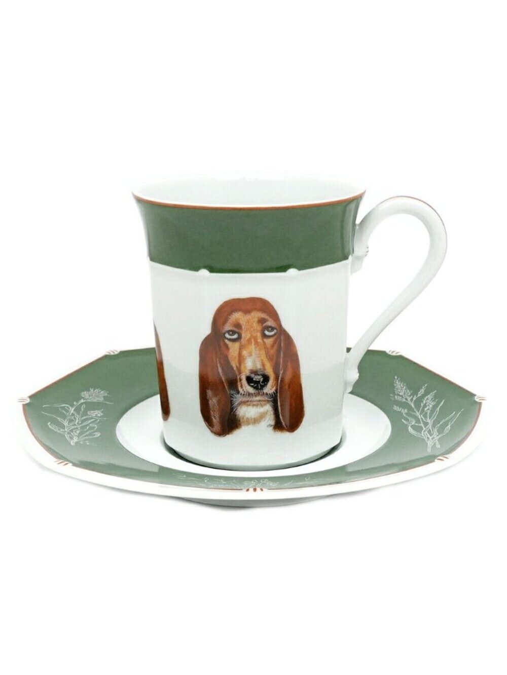 Hermes Tea Cup & Saucer Bazett Hound Chasse Green Coffee C&s Ceramics Dog